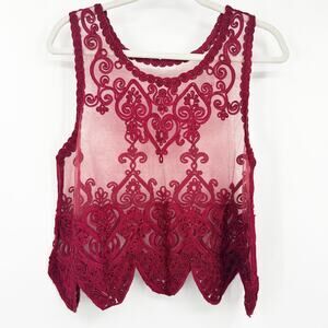 Molli Womens Boho Romantic‎ Heart Embroidered Scalloped Hem Sheer Mesh Blouse